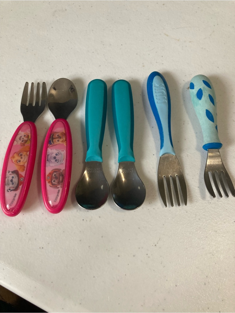 Kids Stainless Steel Utensil Set - Pink & Teal Handles Paw Patrol Spoon & Fork